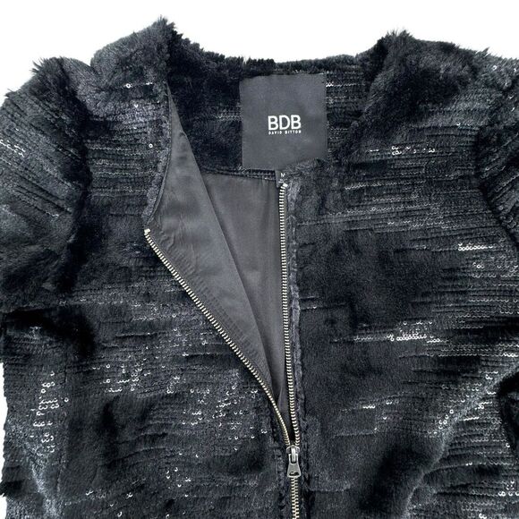 BDB David Bitton Womens Medium Black Faux Fur Sequin Jacket Full Zip Collarless - Picture 4 of 14